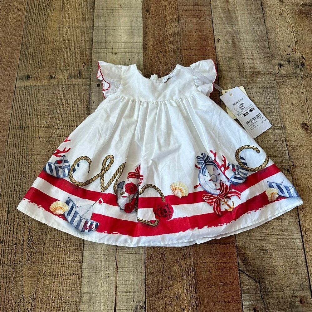 Monnalisa Toddler Girls Nautical Print Dress 6M With Red & White Stripes Rope